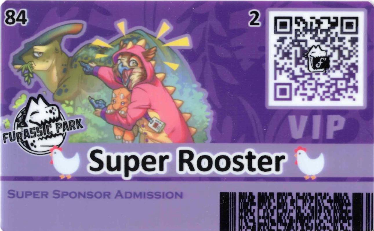 A badge that reads super rooster with a PDF417 code
