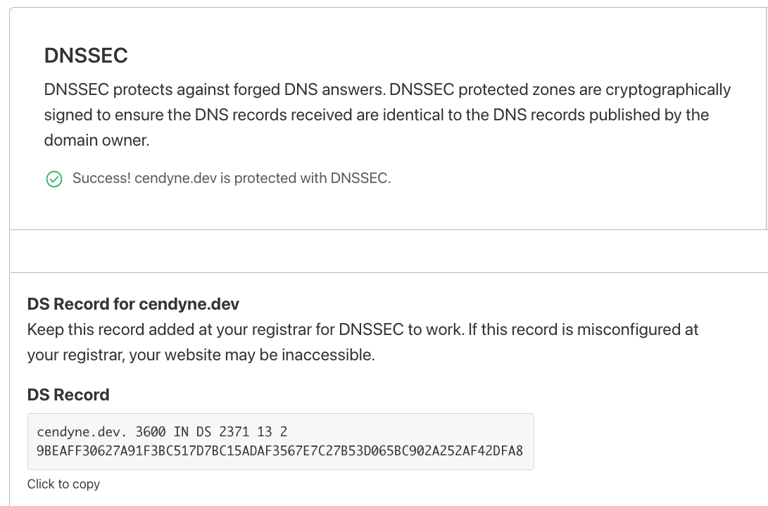 Cloudflare's DNSSEC settings