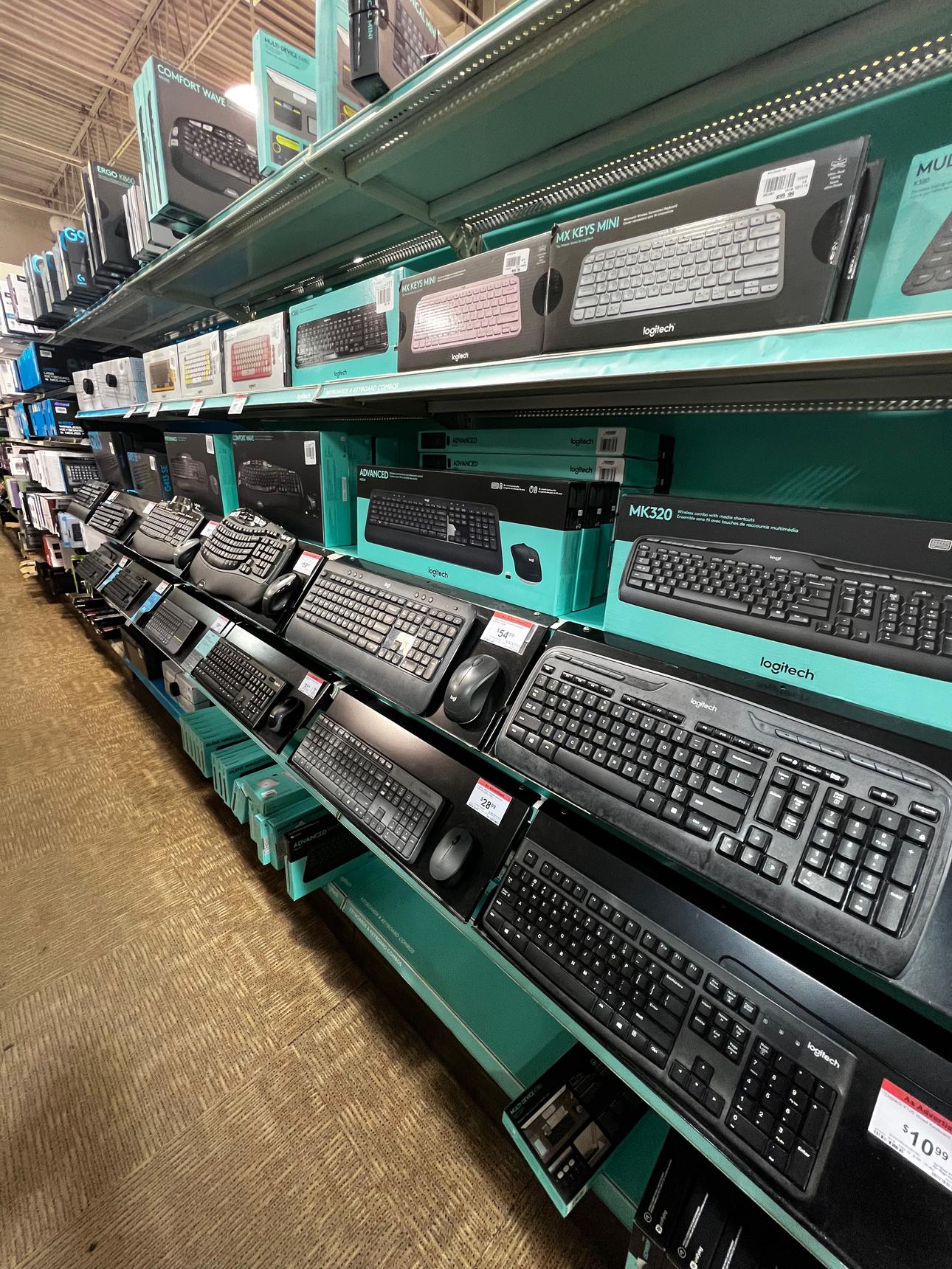 Shelves loaded with cheap keyboards
