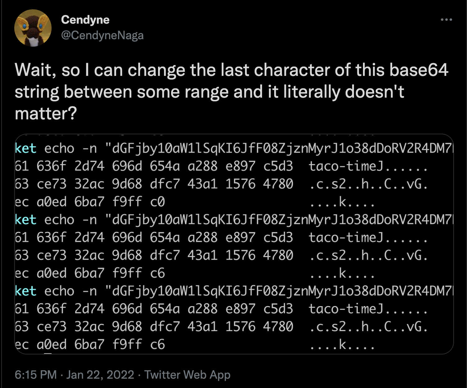 Surprise at base64 being manipulated at the end without consequence
